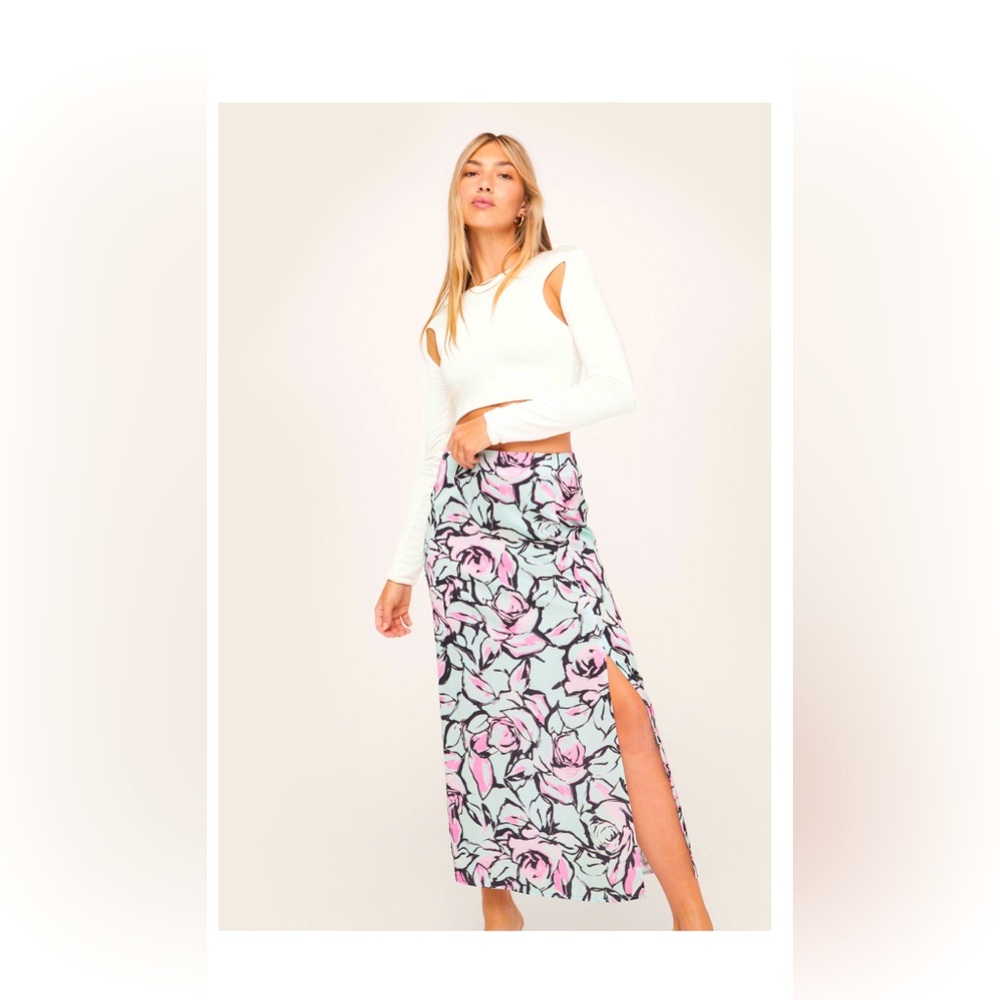 Abstract Floral Split Hem Midi Skirt
